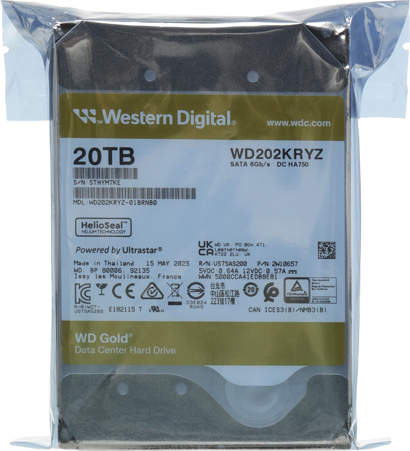 Жесткий диск Western Digital 3.5" 20TB WD202KRYZ Gold SATA3, Cache 291MB, 7200 rpm