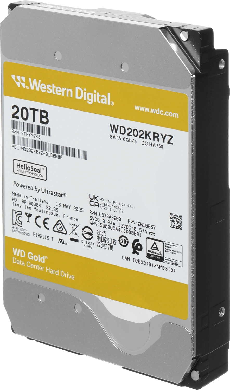 Жесткий диск Western Digital 3.5" 20TB WD202KRYZ Gold SATA3, Cache 291MB, 7200 rpm