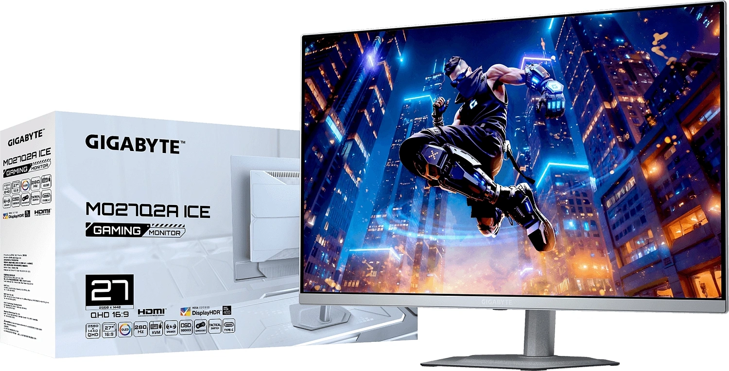 Монитор 26.5" Gigabyte MO27Q2A EK ICE (QD-OLED, 2560x1440, , 0,03 ms, 178°/178°, 250 cd/m, 1,5 млн: 1, 3xUSB3.0, USB Type-C, 280Hz, 2xHDMI 2.1, DP 1.4, Pivot)