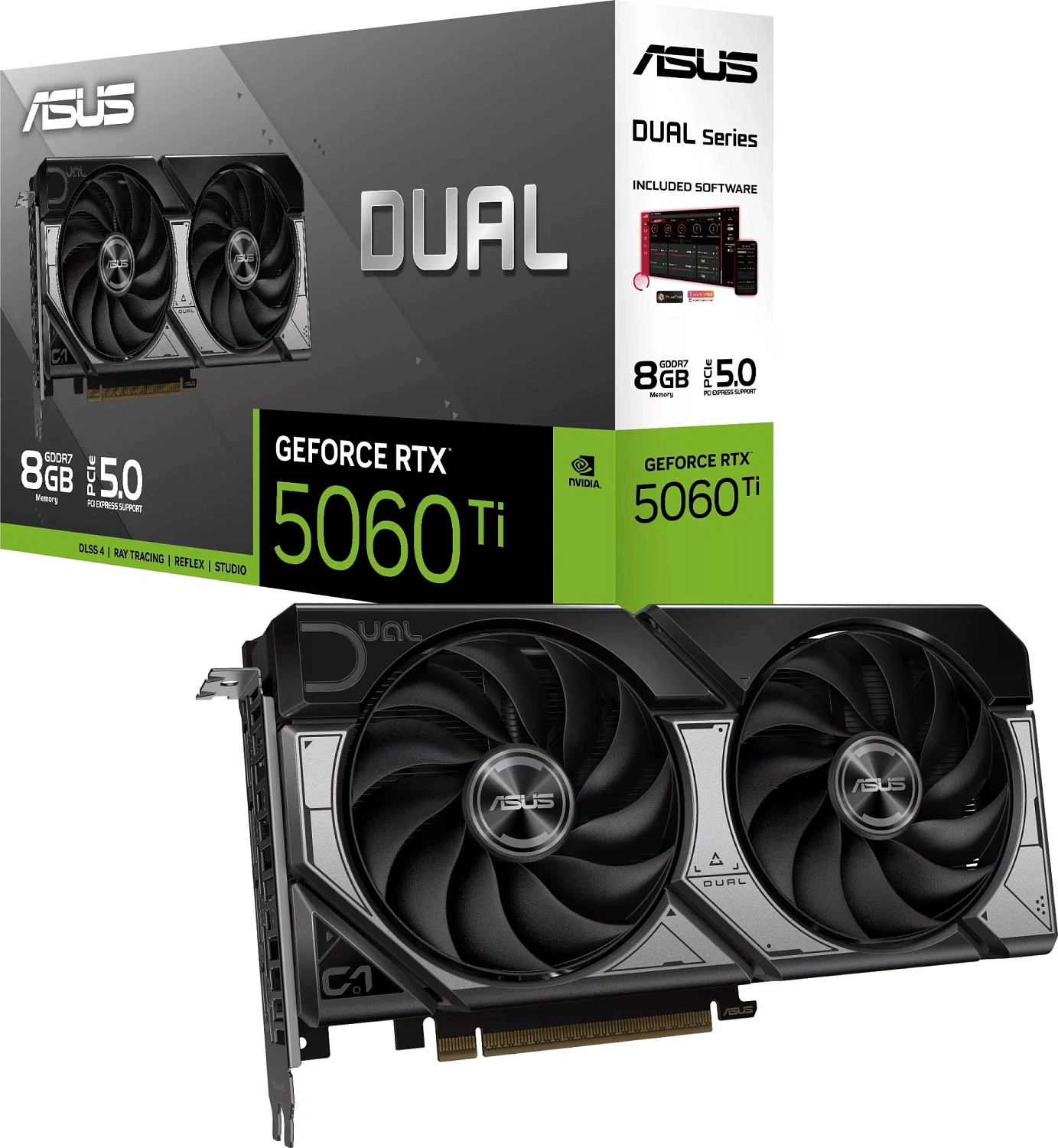 Видеокарта Asus PCI-E 5.0 DUAL-RTX5060TI-8G NVIDIA GeForce RTX 5060TI 8Gb 128bit GDDR7 2572/28000 HDMIx1 DPx3 HDCP Ret