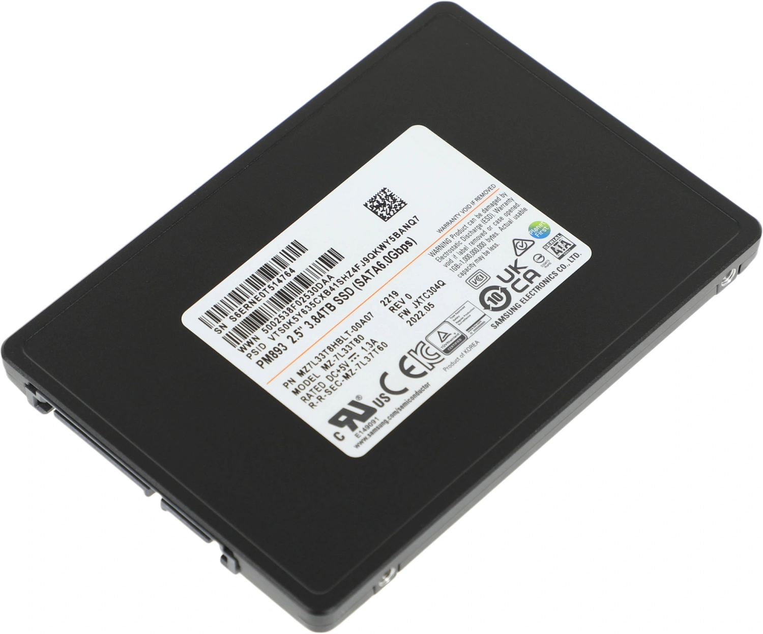 Твердотельный накопитель Samsung Enterprise SSD, 2.5"(SFF), PM893, 3840GB, SATA 3.3 6Gbps, R550/W530Mb/s, IOPS(R4K) 97K/31K, TLC, MTBF 2M, 1DWPD/5Y, OEM, (analog MZ7LH3T8HMLT-00005)