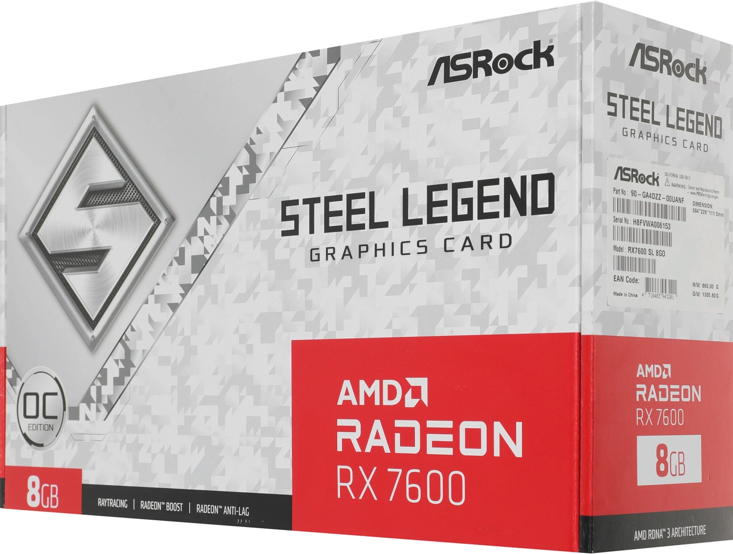 Видеокарта Asrock PCI-E 4.0 RX7600 SL 8GO AMD Radeon RX 7600 8Gb 128bit GDDR6 2320/18000 HDMIx1 DPx3 HDCP Ret