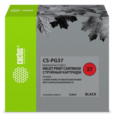 Картридж струйный Cactus CS-PG37 PG-37 черный (9мл) для Canon Pixma iP1800/iP1900/iP2500/iP2600/MP140/MP190/MP210/MP220/MP470/MX300/MX310