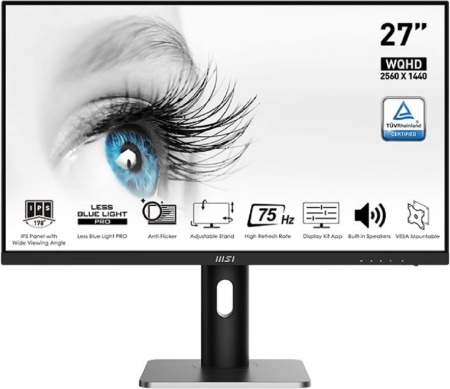 Монитор MSI PRO MP273QP 27" 16:9 WQHD(2560x1440 ) IPS Flat,1ms(MPRT),1000:1,100M:1,350nit,178/178,2xHDMI 1.4,DP 1.2,Speaker,Tilt,Swivel,Height,Pivot,VESA,75Hz,Black,1y war-ty