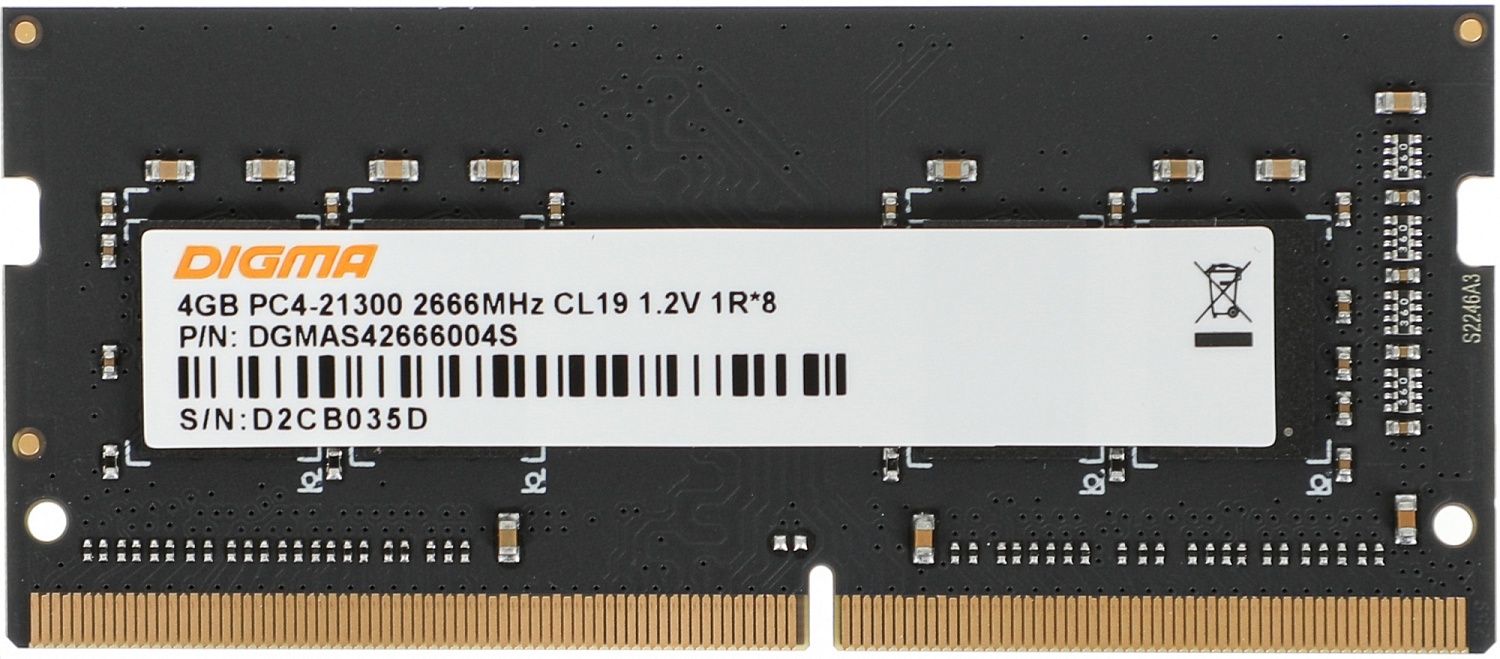 Память DDR4 4Gb 2666MHz Digma DGMAS42666004S RTL PC4-21300 CL19 SO-DIMM 260-pin 1.2В single rank Ret Память DDR4 4Gb 2666MHz Digma DGMAS42666004S RTL PC4-21300 CL19 SO-DIMM 260-pin 1.2В single rank Ret
