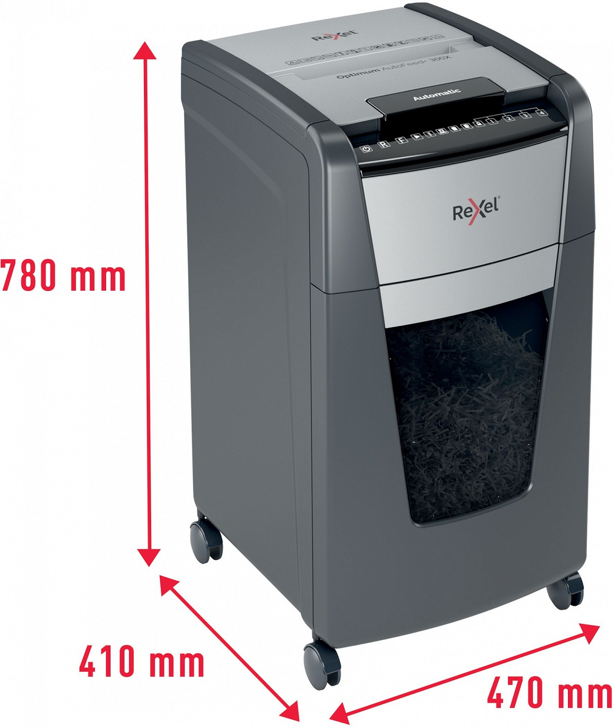 Шредер Rexel Optimum AutoFeed 300X черный с автоподачей (секр.P-4) фрагменты 300лист. 60лтр. скрепки скобы пл.карты