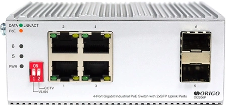 Коммутатор ORIGO Unmanaged Industrial Switch 4x1000Base-T PoE, 2x1000Base-X SFP, PoE Budget 120W, Surge 4KV, -40 to 75°C