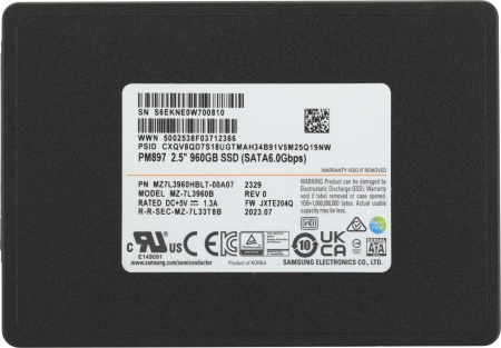 Твердотельный накопитель Samsung Enterprise SSD, 2.5"(SFF), PM897, 960GB, SATA, 6Gb/s, R560/W530Mb/s, IOPS(R4K) 97K/60K, V6 TLC, MTBF 2M, 3DWPD/5Y, OEM, (analog MZ7KH960HAJR-00005)
