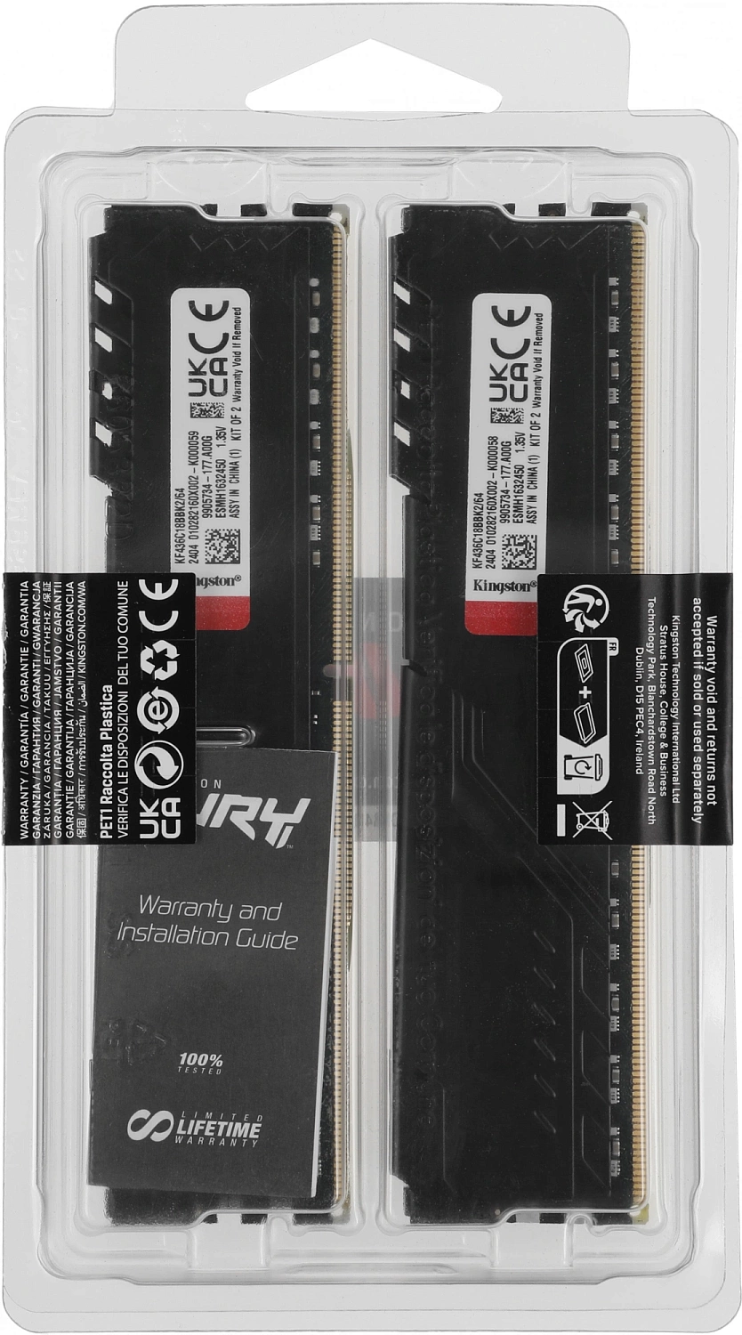 Память DDR4 2x32Gb 3600MHz Kingston KF436C18BBK2/64 Fury Beast Black RTL Gaming PC4-28800 CL18 DIMM 288-pin 1.35В dual rank с радиатором Ret