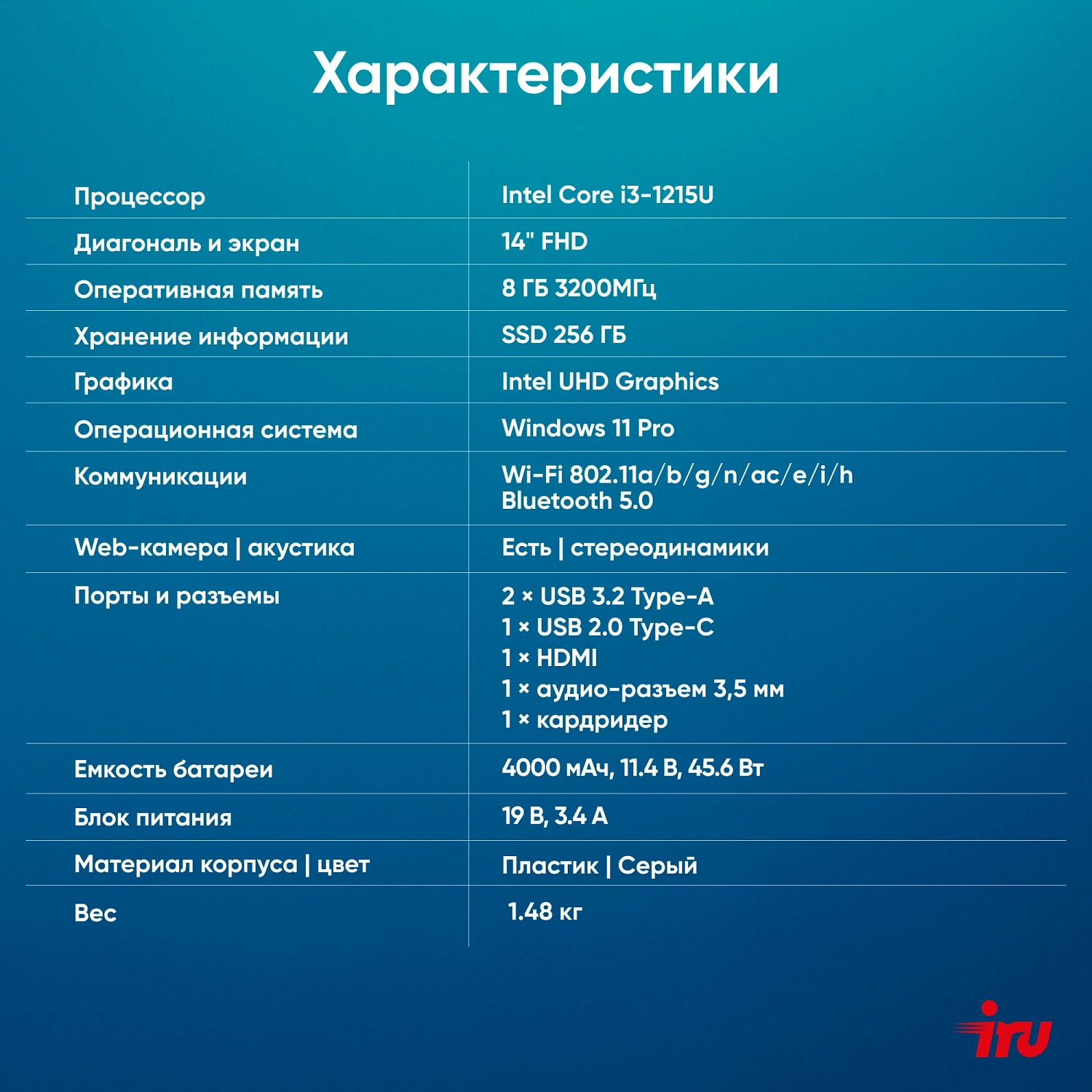 Ноутбук IRU Tactio 14ALH Core i3 1215U 8Gb SSD256Gb Intel Iris Xe graphics 14" IPS FHD (1920x1080) Windows 11 Professional grey 4000mAh (2059058)