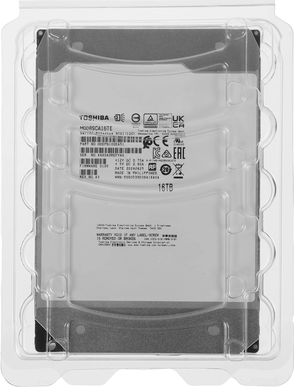 Жесткий диск Toshiba Enterprise HDD 3.5" SAS 16ТB, 7200rpm, 256MB buffer (MG08SCA16TE), 1 year