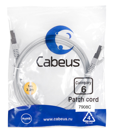 Патч-корд F/UTP, категория 6, 2xRJ45/8p8c, экранированный, серый, LSZH, 1м Cabeus PC-FTP-RJ45-Cat.6-1m-LSZH Патч-корд F/UTP, категория 6, 2xRJ45/8p8c, экранированный, серый, LSZH, 1м