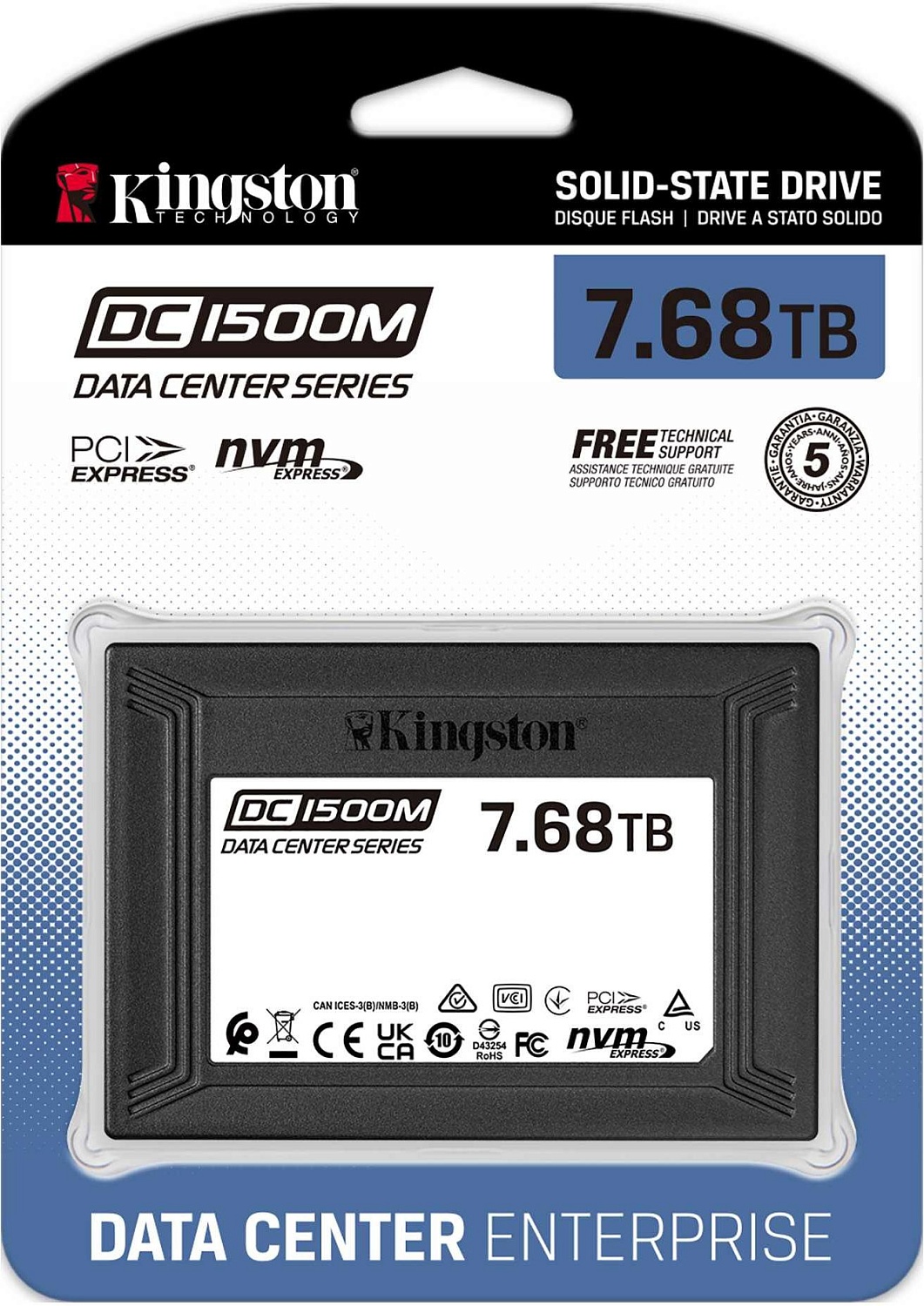 Твердотельный накопитель Kingston Enterprise SSD 7,68TB DC1500M U.2 2.5" PCIe NVMe Gen3x4 R3100/W2700MB/s 3D TLC MTBF 2М 420 000/200 000 IOPS 1DWPD (Data Center SSD for Enterprise) 3 years