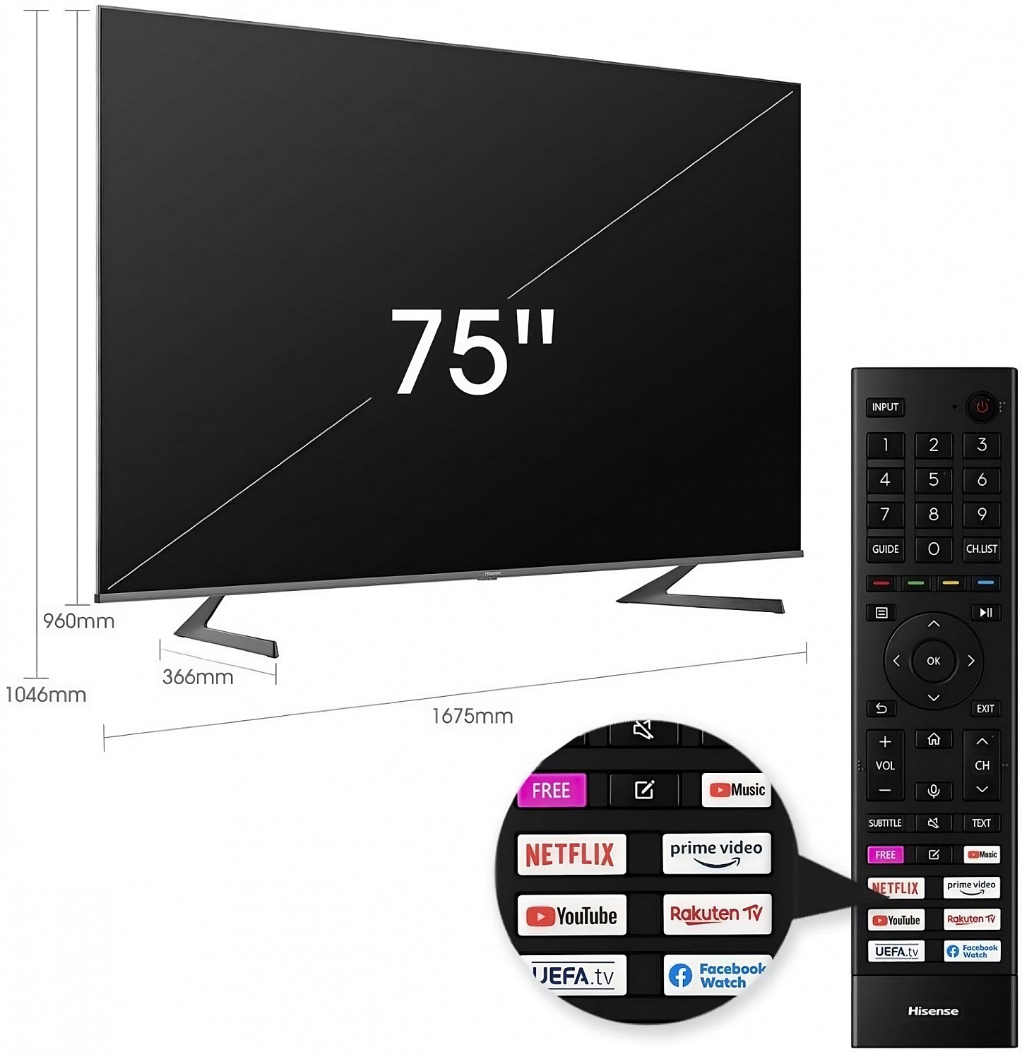 Телевизор QLED Hisense 75" 75A7GQ черный 4K Ultra HD 60Hz DVB-T DVB-T2 DVB-C DVB-S DVB-S2 WiFi Smart TV