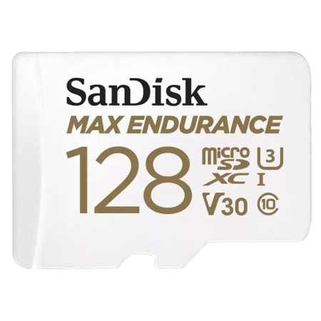 Карта памяти SanDisk MAX ENDURANCE microSDXC 128GB + SD Adapter - for home security cameras & dashcams up to 60,000 Hours, Full HD / 4K videos, Extreme endurance, up to 100/40 MB/s Read/Write speeds, C10, U3, V30