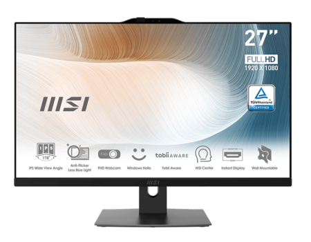 Моноблок MSI Modern AM272P 12M AiO 27" FHD (1920x1080)IPS AG Non-touch, Core i3-1215U (1.2GHz), 8Gb DDR4, 256GB SSD M.2, Intel UHD, WiFi, BT, camera, WirelessKB&mouse Eng/Rus, Win11Pro Rus,1y,Black