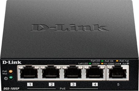 Коммутатор D-Link DGS-1005P/B1A 5G 4PoE 60W неуправляемый