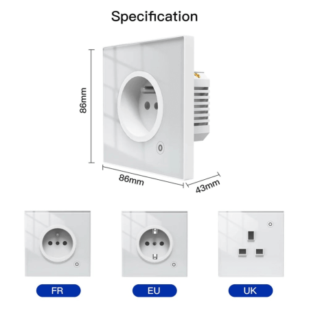 Розетка 1-пост. MOES Smart Socket WK-EU, Wi-Fi, 95-250 В, 16А, встраиваемая IP20, шторки + ЗК, белая