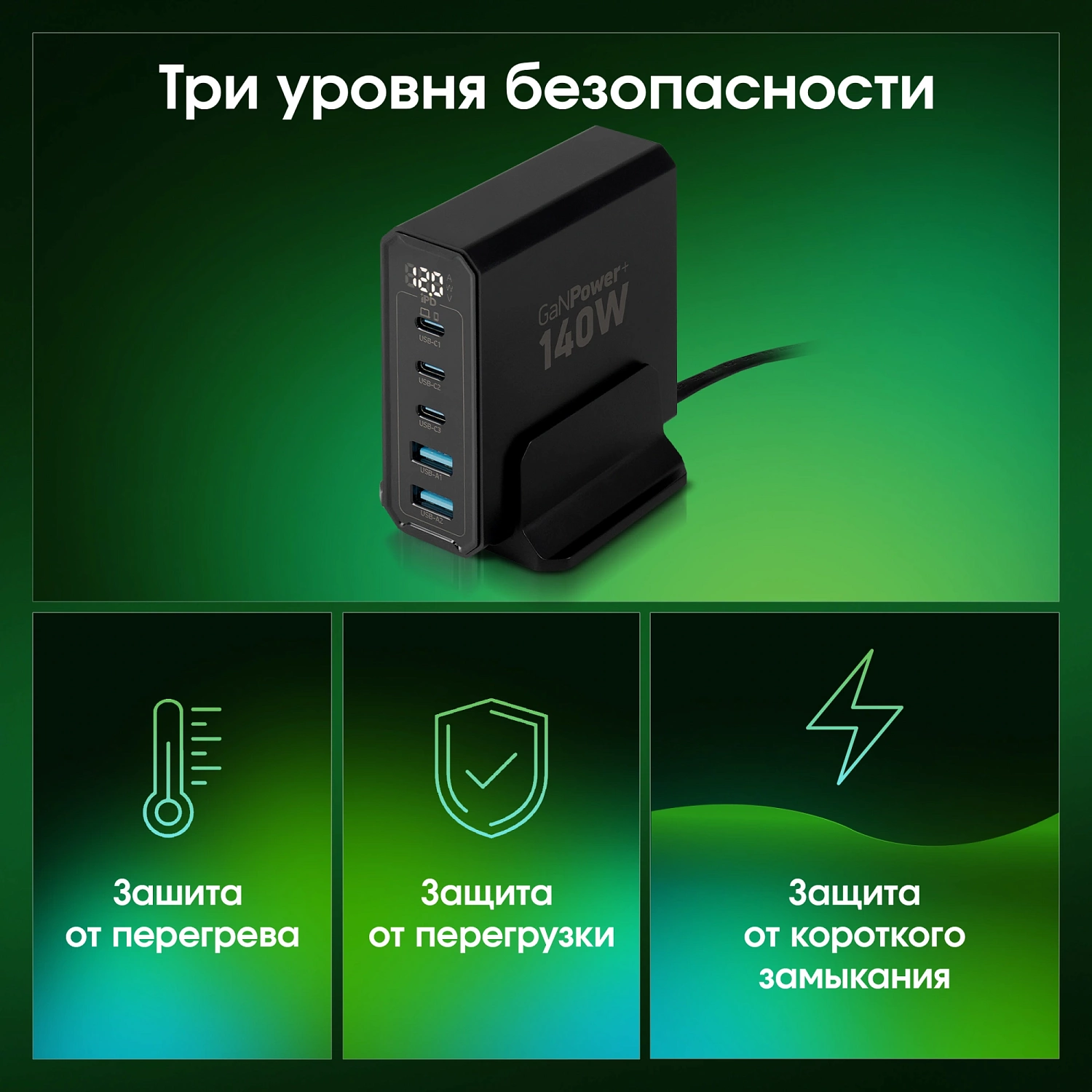 Настольное зар./устр. Digma Pro DPW10A 140W 5A (PD+QC) 3хUSB-C/2xUSB-A универсальное черный (DPW1A4G024BK)