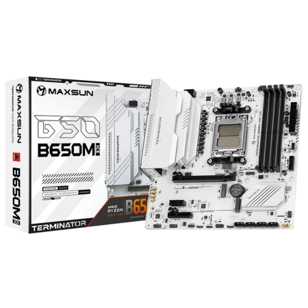 Материнская плата Maxsun MS-Terminator B650M WIFI ICE B650, AM5, 4*DDR5, 1*PCIEx16, 1*PCIEx4, 1*PCIEx1, 2*M.2, 2*TypeC, 6*USB3.2Gen1, 6*USB2.0, 4*SATA3.0, 2.5G, DP, HDMI, M-ATX, RTL