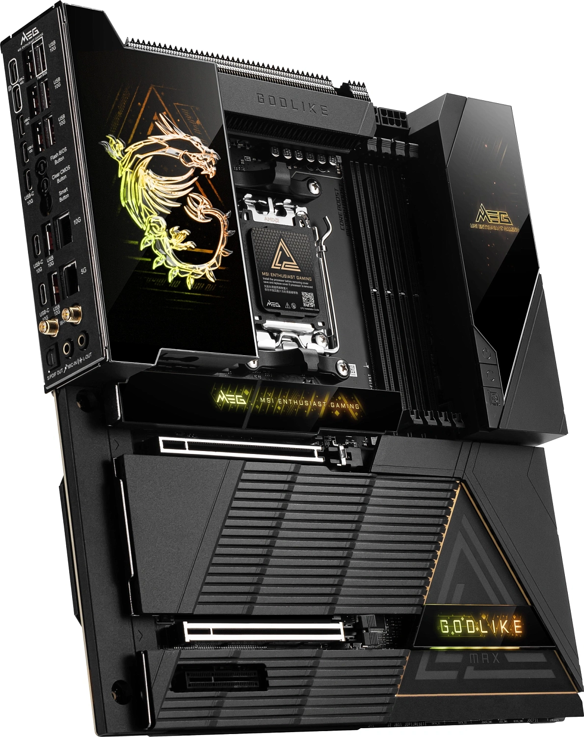 Материнская плата MSI MEG X870E GODLIKE MAX X870E, AM5, 4*DDR5, 2*PCIEx16, 1*PCIEx4, 5*M.2, 5*TypeC, 8*USB3.2Gen2, 4*USB3.2Gen1, 4*USB2.0, 4*SATA3.0, 10G, 5G, 2*TypeC(DP), Е-ATX, RTL