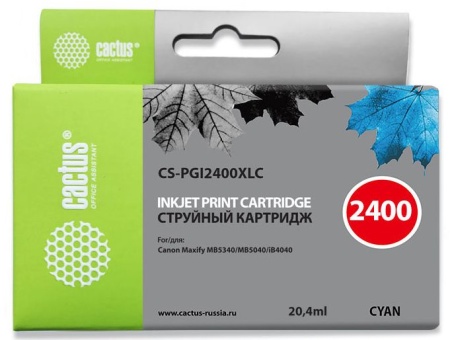 Картридж струйный Cactus CS-PGI2400XLC PGI-2400XLC голубой (20.4мл) для Canon MAXIFY iB4040/ МВ5040/ МВ5340