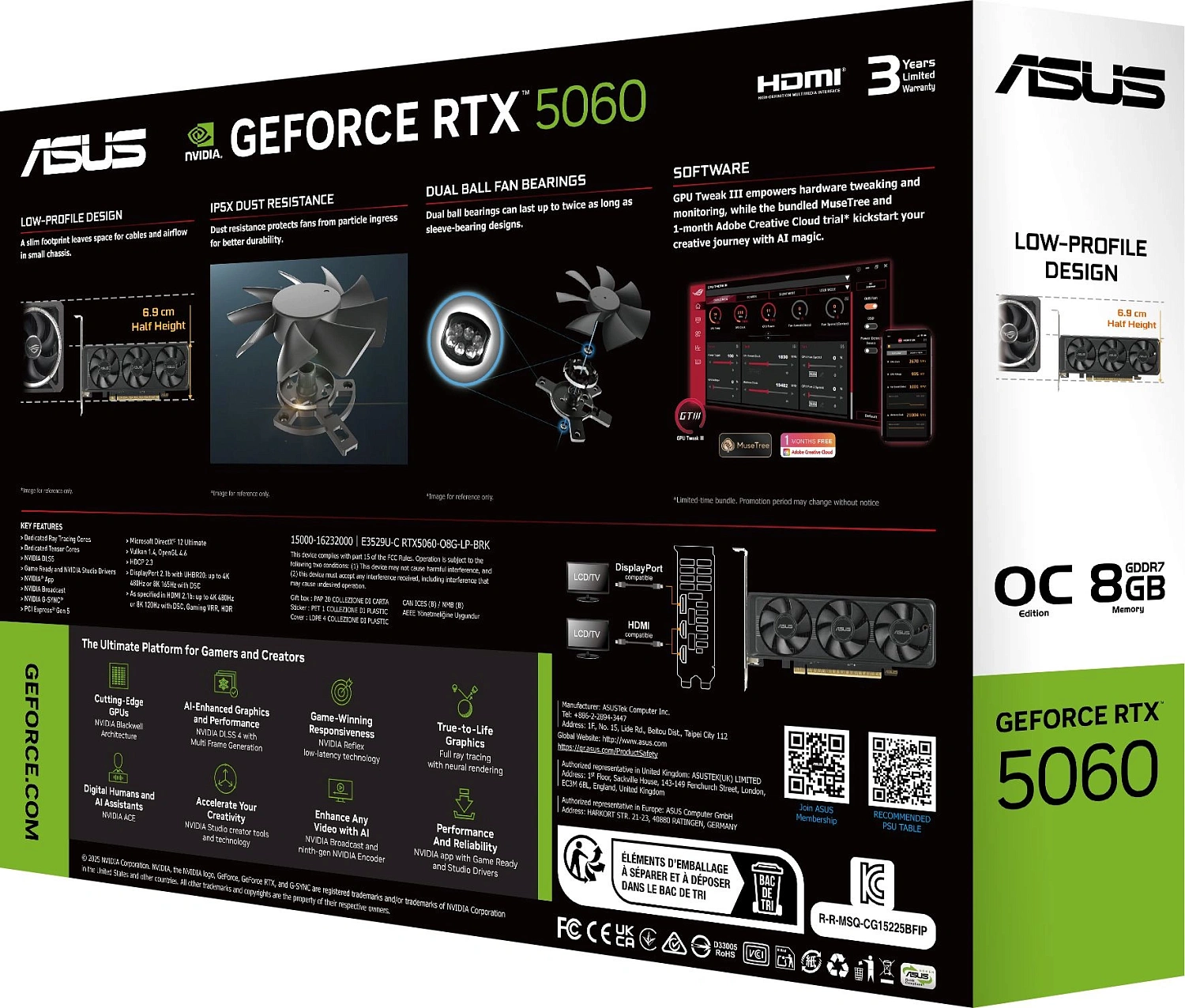 Видеокарта Asus PCI-E 4.0 RTX5060-O8G-LP-BRK NVIDIA GeForce RTX 5060 8Gb 128bit GDDR7 2550/28000 HDMIx1 DPx3 HDCP Ret