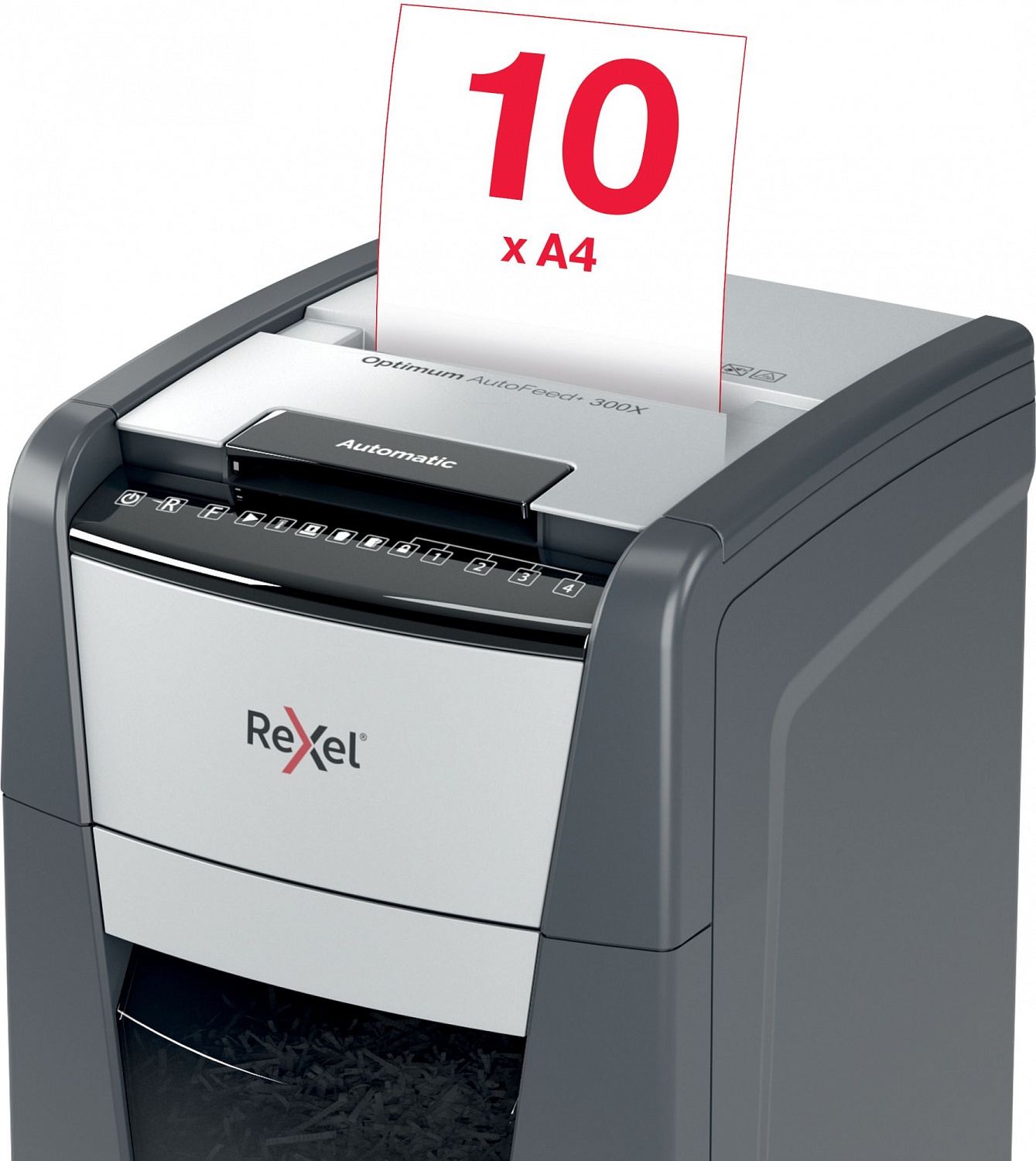 Шредер Rexel Optimum AutoFeed 300X черный с автоподачей (секр.P-4) фрагменты 300лист. 60лтр. скрепки скобы пл.карты