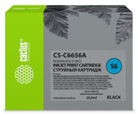 Картридж струйный Cactus CS-C6656A №56 черный (20мл) для HP 450/5145/5150/5151/5550/5552/5650/5652/5655/585