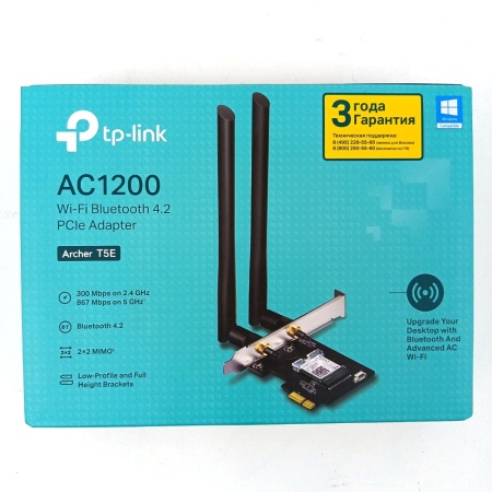 Archer T5E АС1200 Двухдиапазонный PCI-E адаптер, до 867 Мбит/c на 5 ГГц или до 300 Мбит/c уц-3-2 ГГц, поддержка Bluetooth 4.2, две внешние антенны., {40} (088965)