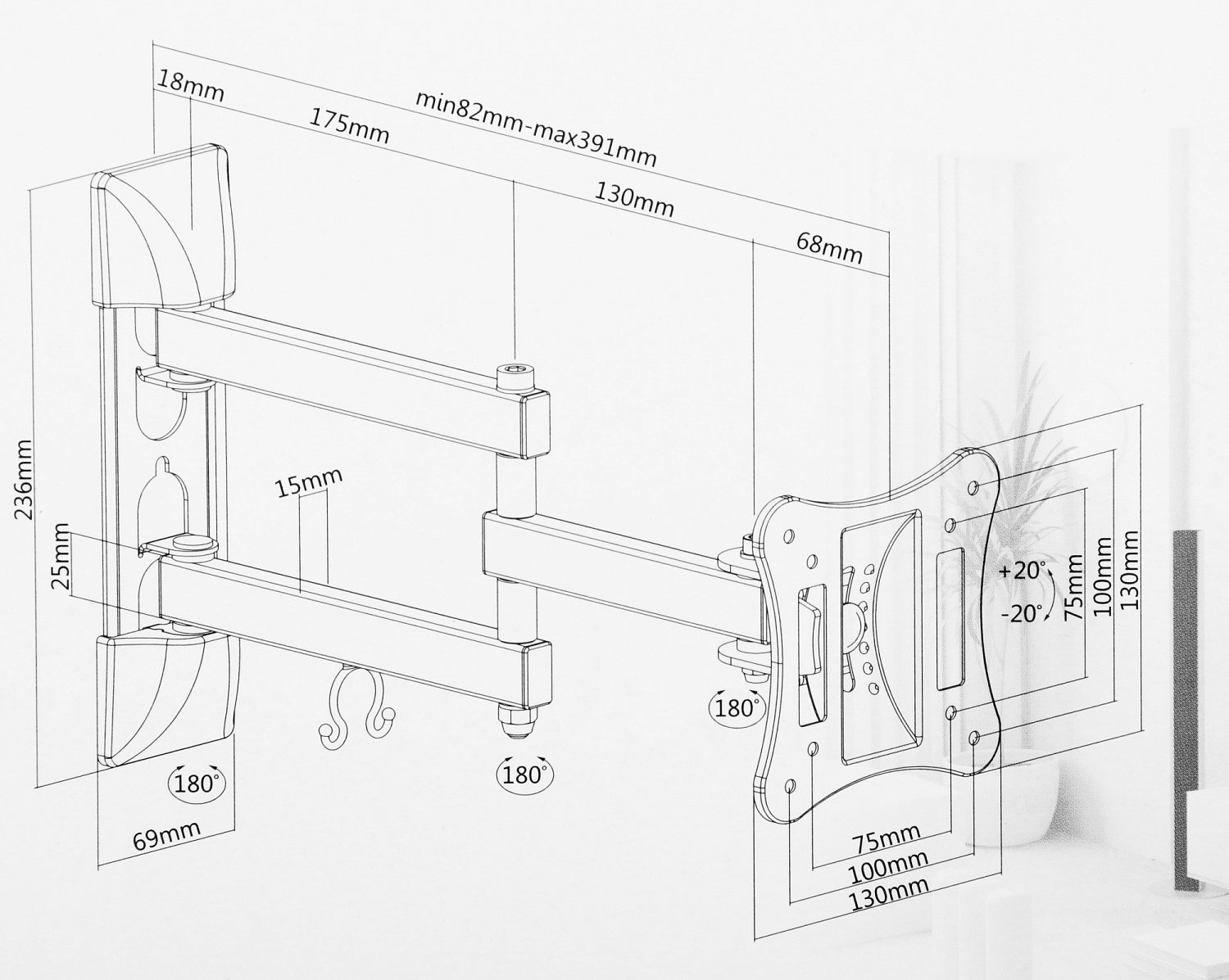 Кронштейн для телевизора Ultramounts UM895 черный 13"-27" макс.15кг настенный поворотно-выдвижной и наклонный