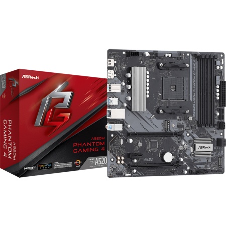 A520M PHANTOM GAMING 4, Socket AM4, AMD A520, 4xDDR4-3200, HDMI+DP, 2xPCI-Ex16, 1xPCI-Ex1, 4xSATA3(RAID 0/1/10), 2xM.2, 8 Ch Audio, GLan, (2+4)xUSB2.0, (4+2)xUSB3.2, 1xPS/2, mATX, OEM