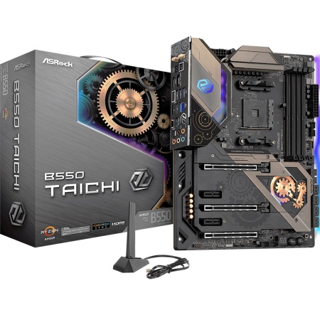 B550 TAICHI, Socket AM4, AMD B550, 4xDDR4-3200, HDMI+DP, 3xPCI-Ex16, 2xPCI-Ex1, 8xSATA3(RAID 0/1/10), 2xM.2, 8 Ch Audio, 1x2,5GLan, WiFi, (2+4)xUSB2.0, (5+4)xUSB3.2, (1+1)xUSB3.2 Type-C™, ATX, RTL, {5} (931642)