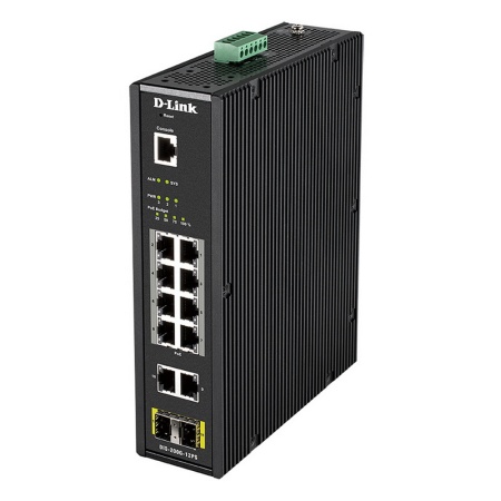 Коммутатор D-Link PROJ Managed L2 Industrial Switch 10x1000Base-T (8x1000Base-T PoE), 2x1000Base-X SFP, PoE Budget 123W, Surge 6KV, CLI, RJ45 Console, Alarm relay, Dying Gasp, DIN-Rail, metal case IP30, -40 to 6