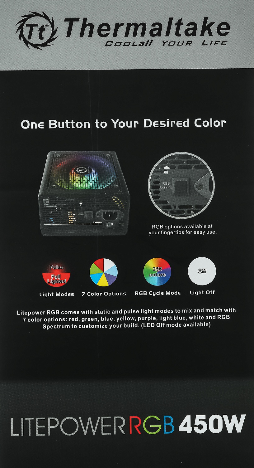 Блок питания Thermaltake ATX 450W Litepower RGB 450 (20+4pin) APFC PPFC 120mm fan color LED 4xSATA RTL