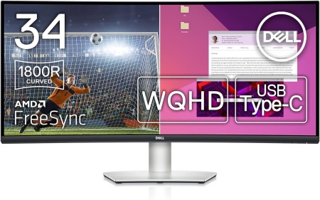 Монитор Dell 34" S3423DWC серебристый/черный VA LED 5ms 21:9 HDMI M/M матовая HAS 300cd 178гр/178гр 3440x1440 100Hz FreeSync DP WQ USB 10.38кг