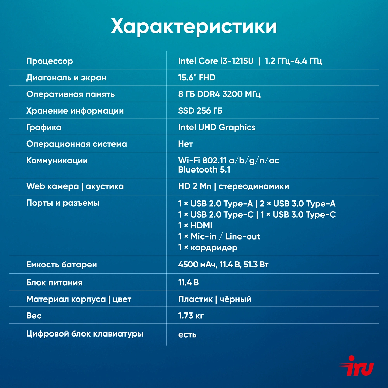 Ноутбук IRU Tactio 15ALG Core i3 1215U 8Gb SSD256Gb Intel Iris Xe graphics 15.6" IPS FHD (1920x1080) Free DOS black 4500mAh (2023565)