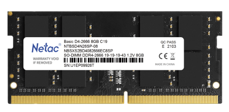 Память DDR4 8Gb 2666MHz Netac NTBSD4N26SP-08 Basic RTL PC4-21300 CL19 SO-DIMM 260-pin 1.2В single rank Ret