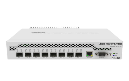 CRS309-1G-8S+IN Cloud Router Switch 309-1G-8S+IN with Dual core 800MHz CPU, 512MB RAM, 1xGigabit LAN, 8 x SFP+ cages, RouterOS L5 or SwitchOS (dual boot), passive desktop case, rackmount ears, PSU