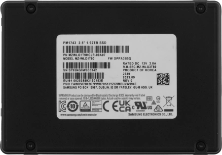 Твердотельный накопитель Samsung Enterprise SSD, 2.5"(SFF/U.2), PM1743, 1920GB, NVMe PCIe Gen5 (1x4 or Dual Port x2), R14000/W3000Mb/s, IOPS(R4K) 2000K/150K, MTBF 2,5M, 1DWPD/5Y, OEM