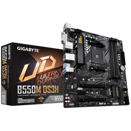 Мат. плата GIGABYTE B550M DS3H, AM4, B550, 4*DDR4, 4*SATA, 2*M.2, 4*USB 3.2, 4*USB 2.0, 2*PCIx16, 1*PCIx1, HDMI+DVI, mATX (незначительное повреждение коробки)