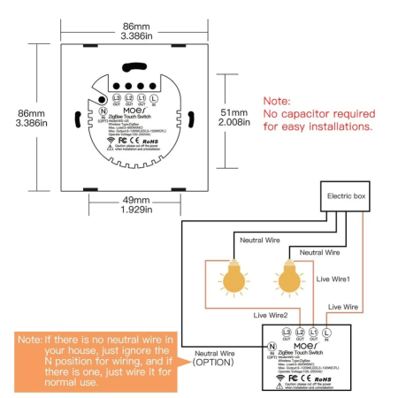 Выключатель MOES Gang Smart Switch Sensor w/o grounding ZS-EU2, Zigbee, 100-240 В