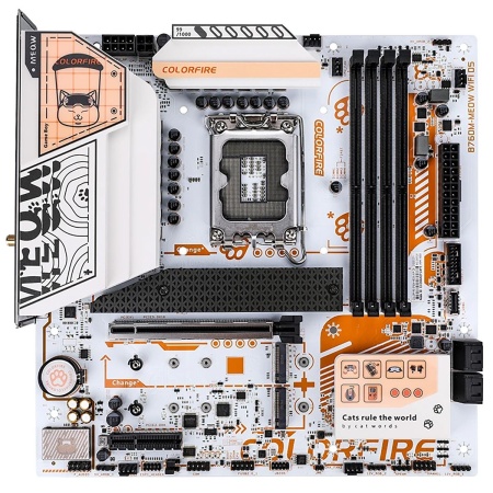 Материнская плата Colorful COLORFIRE B760M-MEOW WIFI D5 ORANGE Z760 LGA1700 4xDDR5 1xPCIEx16 1xPCIEx4 3xM.2 2xTypeC 3xUSB3.2Gen1 5xUSB2.0 4xSATA3.0 2.5G DP HDMI M-ATX RTL