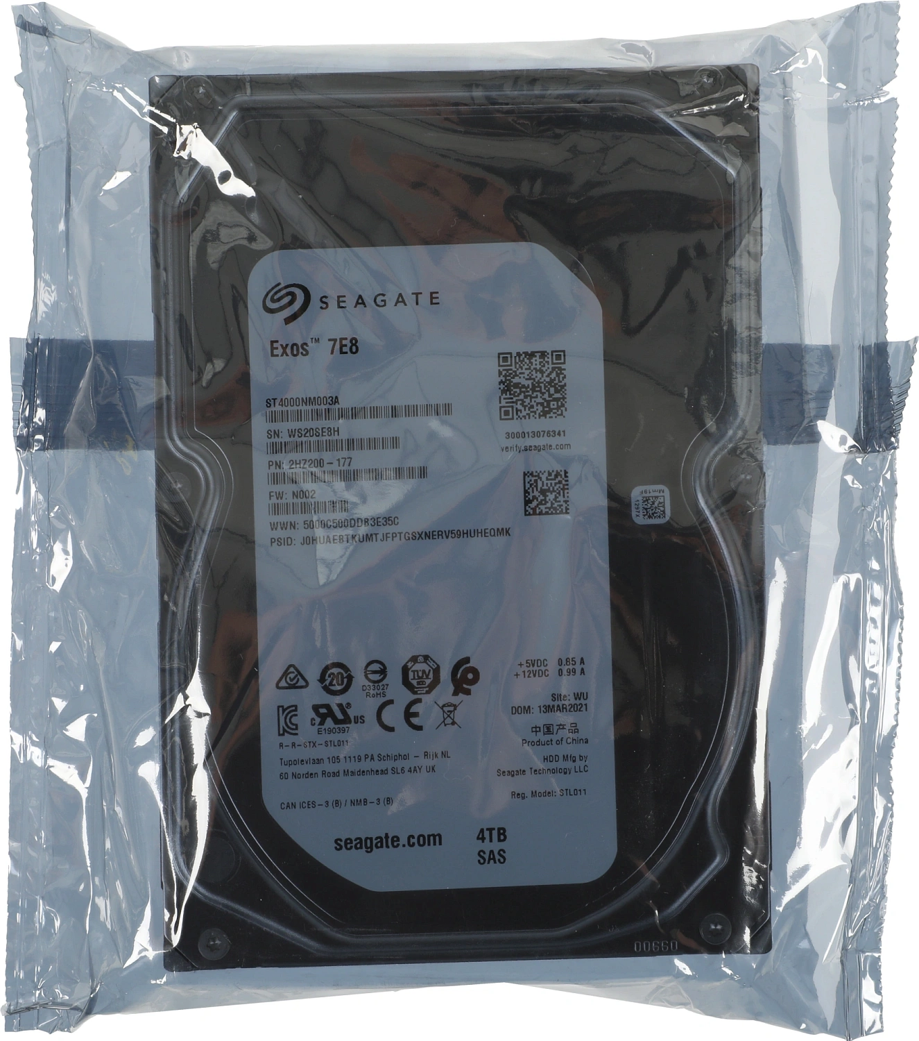 Жесткий диск HDD SAS Seagate 4Tb, ST4000NM003A, Exos 7E8, SAS 12 Гбит/с, 7200 rpm, 256Mb buffer, 512n, 1 year