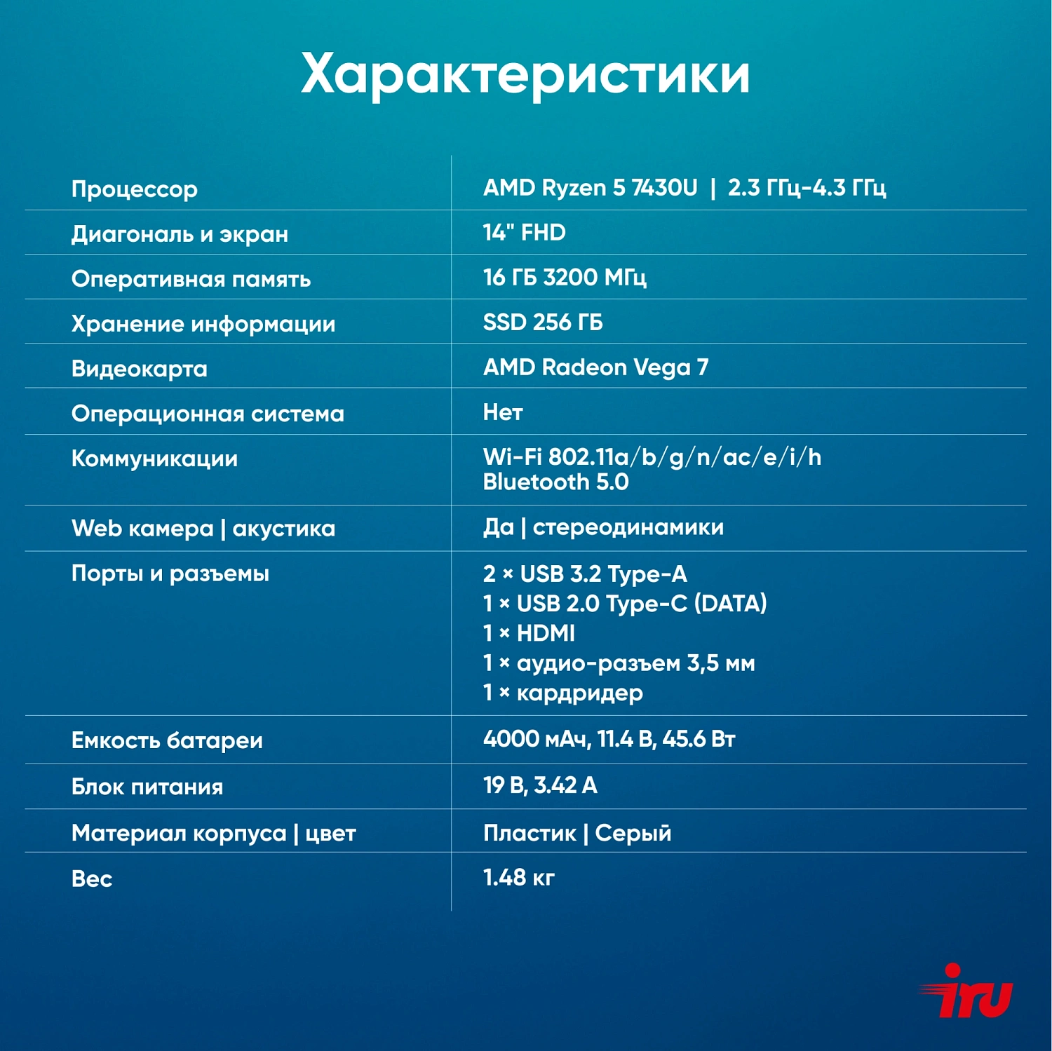 Ноутбук IRU Tactio 14RLH Ryzen 5 7430U 16Gb SSD256Gb AMD Radeon Vega 7 14" IPS FHD (1920x1080) Windows 11 Pro 64 grey WiFi BT Cam 4000mAh (2084810)