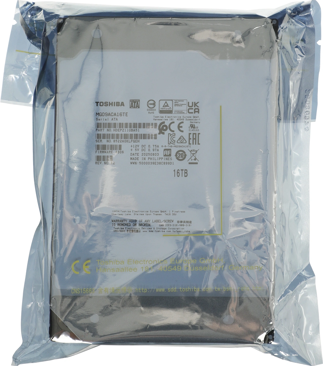 Жесткий диск Toshiba Enterprise HDD 3.5" SATA 16TB, 7200 rpm, 512MB buffer, MG09ACA16TE, 1 year