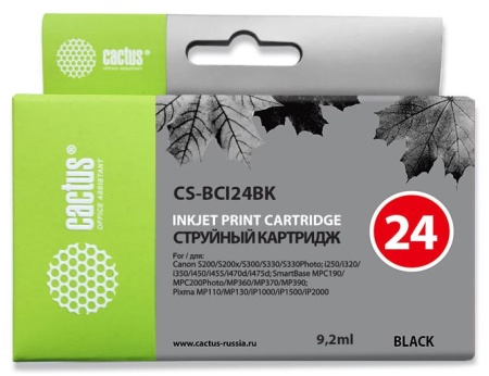 Картридж струйный Cactus CS-BCI24BK черный (9.2мл) для Canon S200/S200x/S300/S330/S330/i250/i320/i350/i450/i455/i470D/i475D/MP110/MP130/MP360/MP370/MP390/MPC190/MPC200/iP1000/iP1500/iP2000