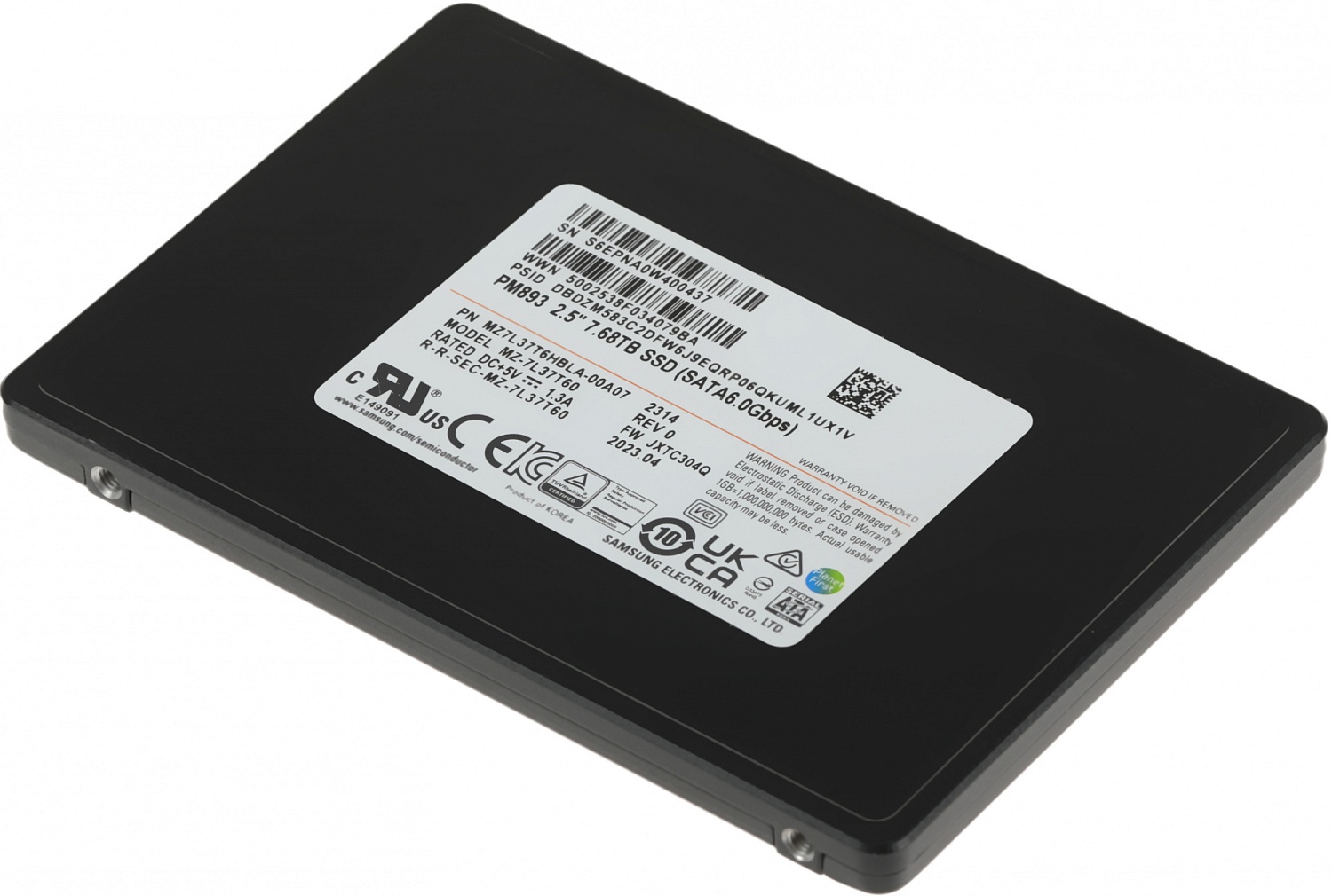 Твердотельный накопитель Samsung Enterprise SSD, 2.5"(SFF), PM893, 7680GB, SATA 3.3 6Gbps, R550/W530Mb/s, IOPS(R4K) 97K/31K, TLC, MTBF 2M, 1DWPD/5Y, OEM, (analog MZ7LH7T6HMLA-00005)