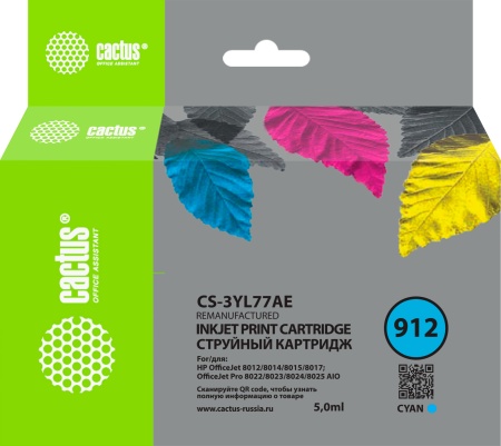 Картридж струйный Cactus CS-3YL77AE 912 голубой (5мл) для HP OfficeJet 8010/8012/8013/8014/8015/8020/8025