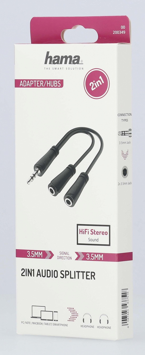 Адаптер аудио Hama H-200349 Jack 3.5 (m)/2xJack 3.5 (f) 0.15м. черный (00200349)